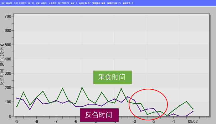 正常健康牛的采食和反刍时间是稳定持续的。 而当某些牛的采食或者反刍时间等数据出现了偏差异常,表明这头牛肯定出现了健康问题。 阿菲金软件会有专门报告对这些牛进行报警,以便及时让兽医诊断和处理。